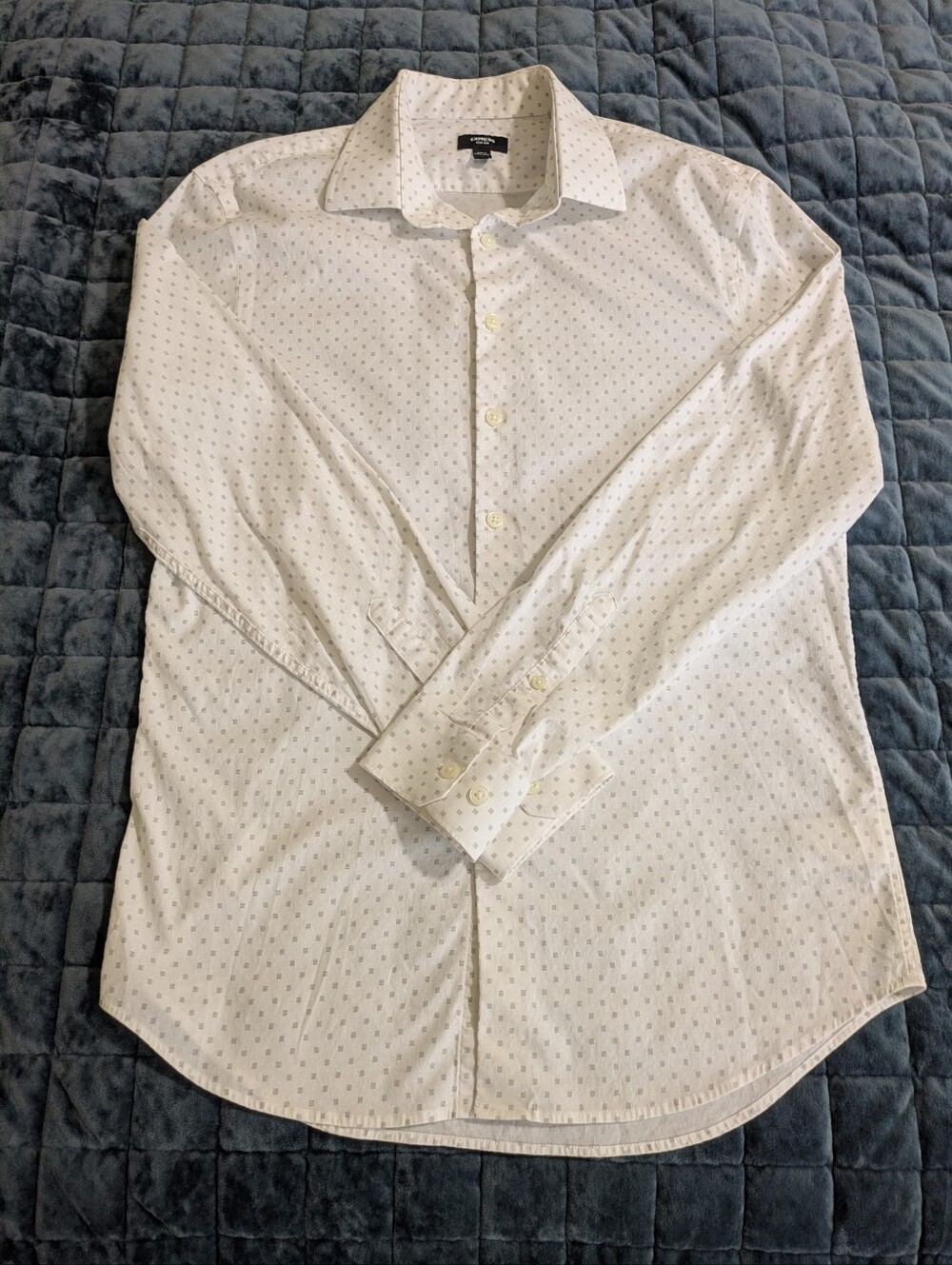 Express Men's White Dress Shirt with Subtle Gray Micro Print